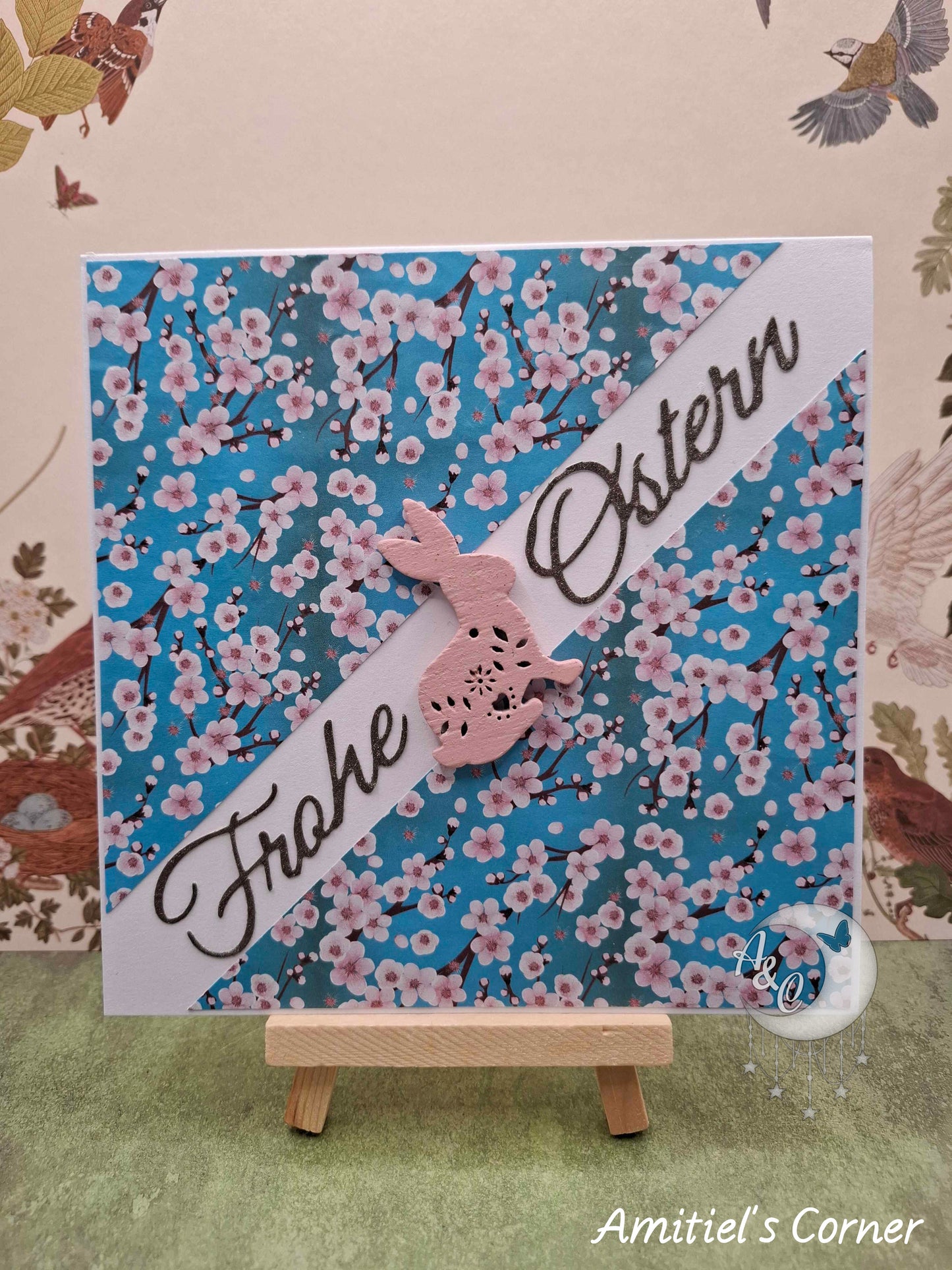 Grußkarte "Frohe Ostern" Floral mit rosa Häschen | Osterkarte | Ostergrüße | Handmade