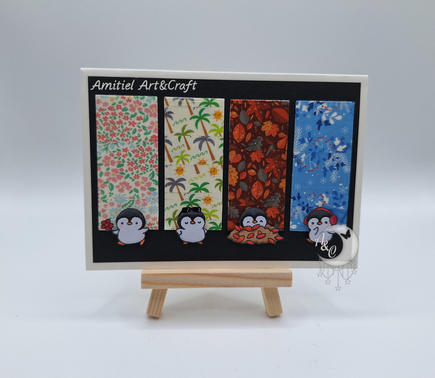 Grußkarte Vier Jahreszeiten | Pinguine in allen Jahreszeiten 2. Variante | Allerlei Anlässe | Handmade