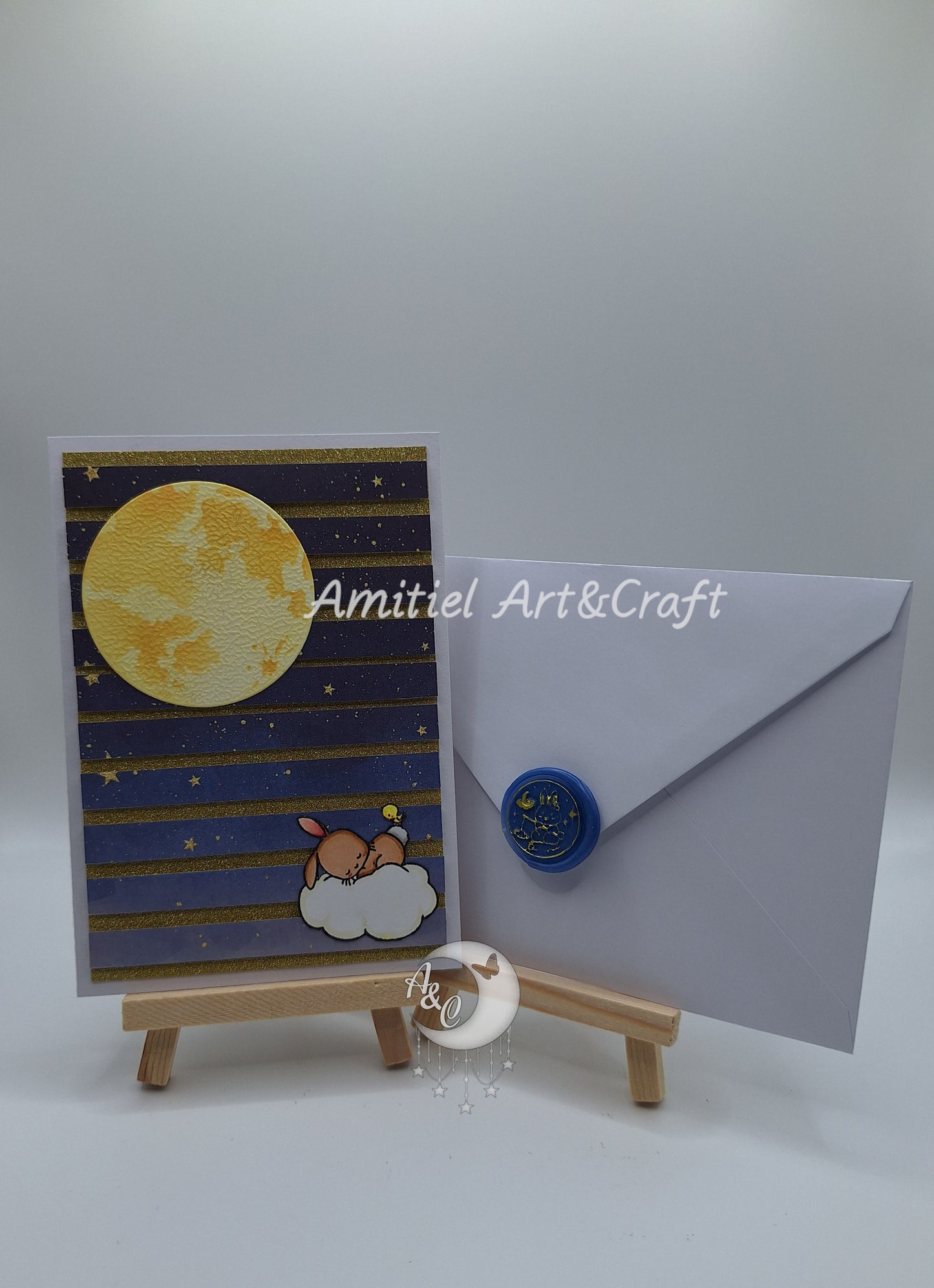 Grußkarte mit träumendem Häschen | Babykarte | Mondkarte | Handmade